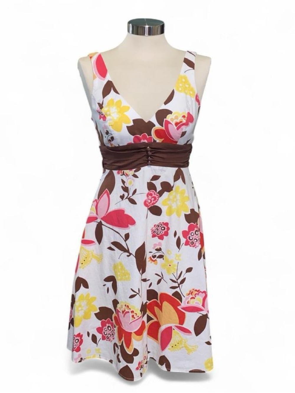 B. Smart White Floral V-Neck Dress with Pink, Yellow & Brown Flowers